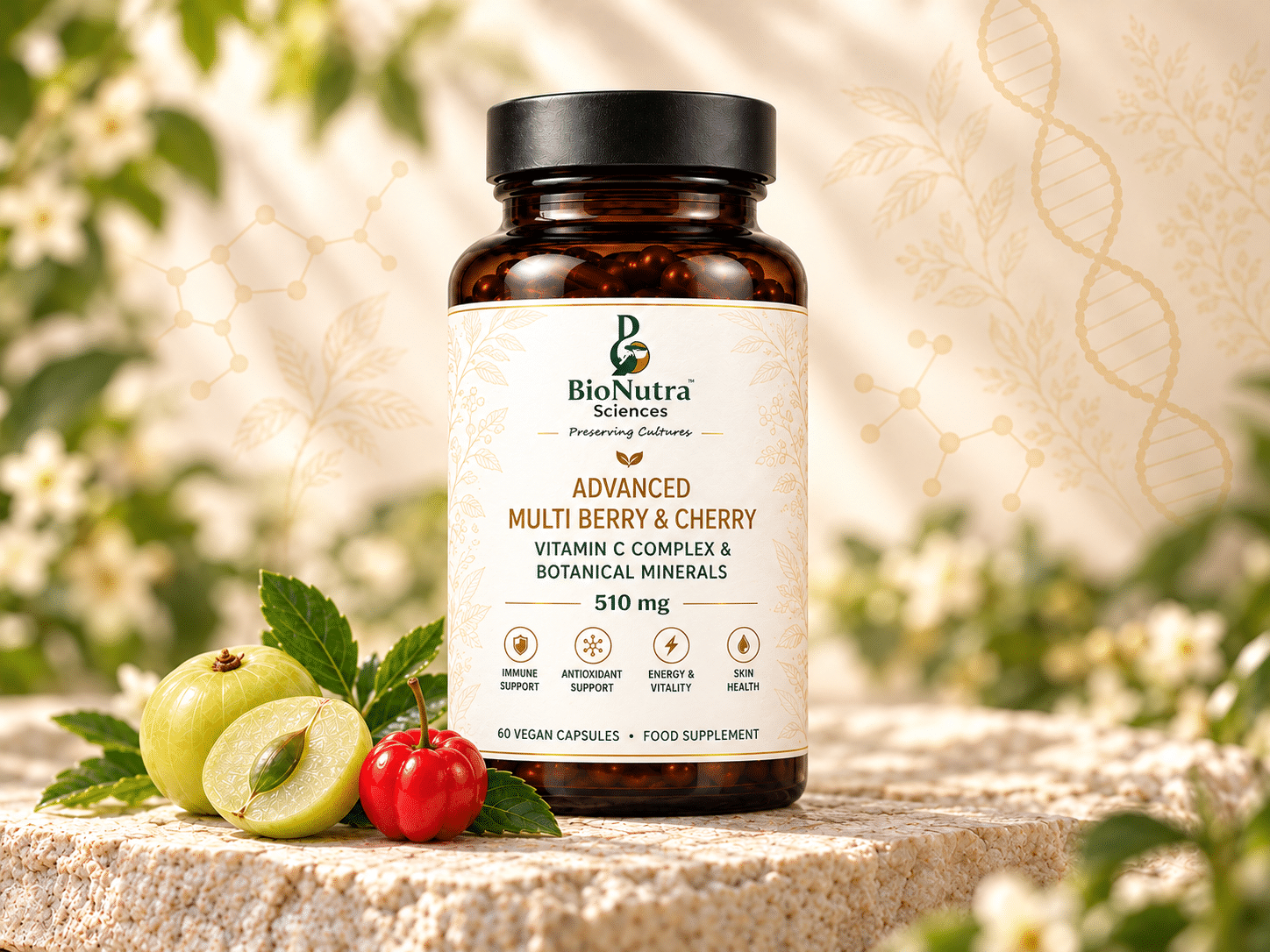 Advanced Multi berry complex amber glass bottle packaging design