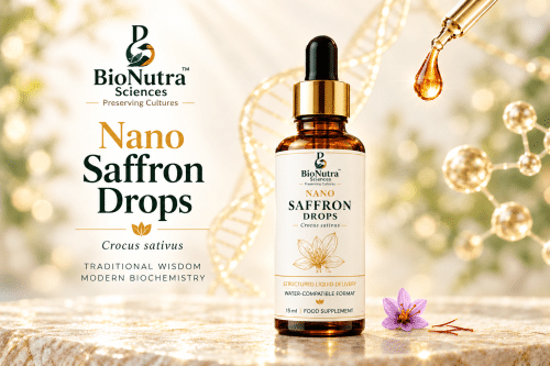 saffron blossom beside golden bottle