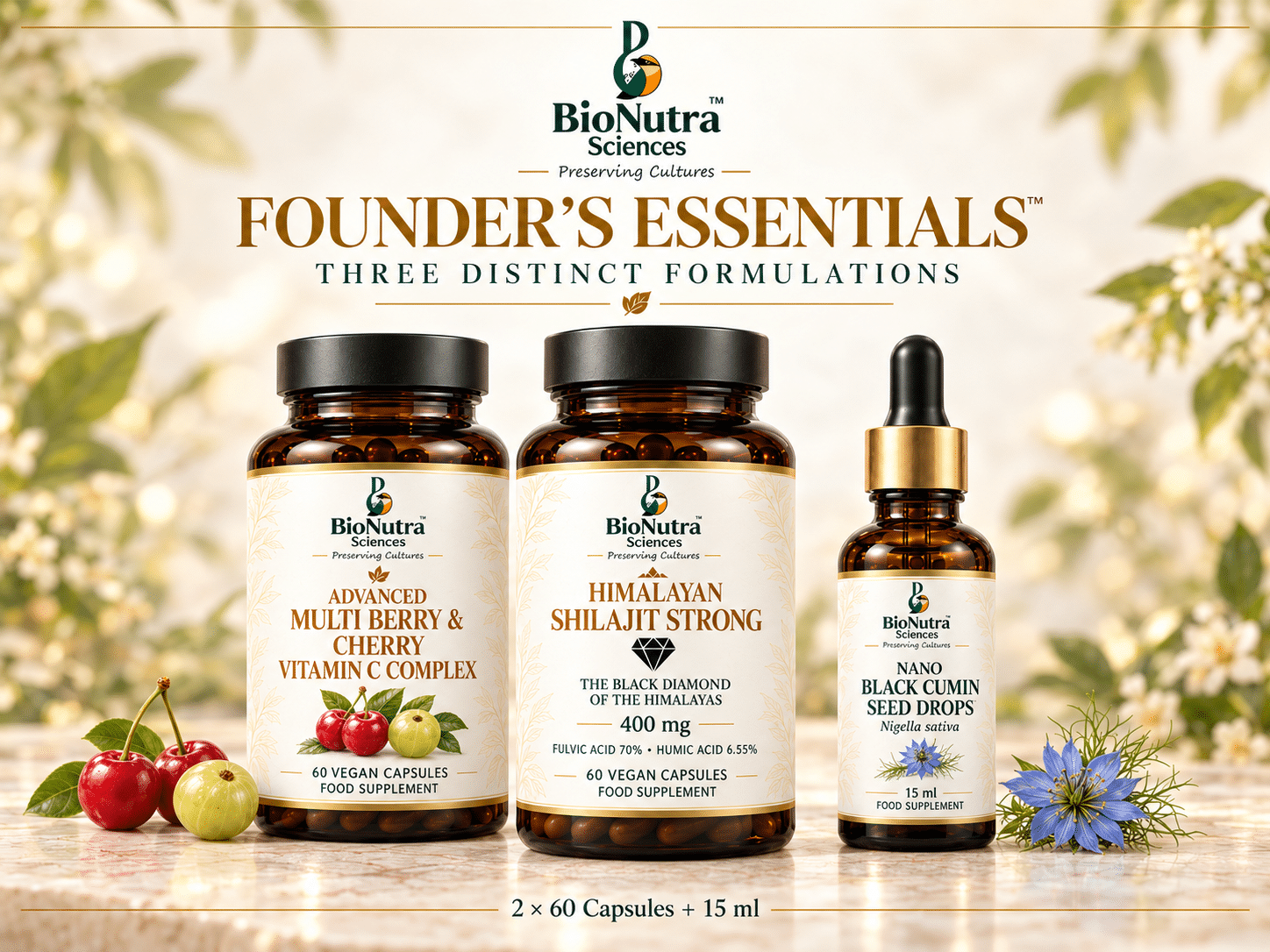Founder’s essentials capsule and drops trio bottles image