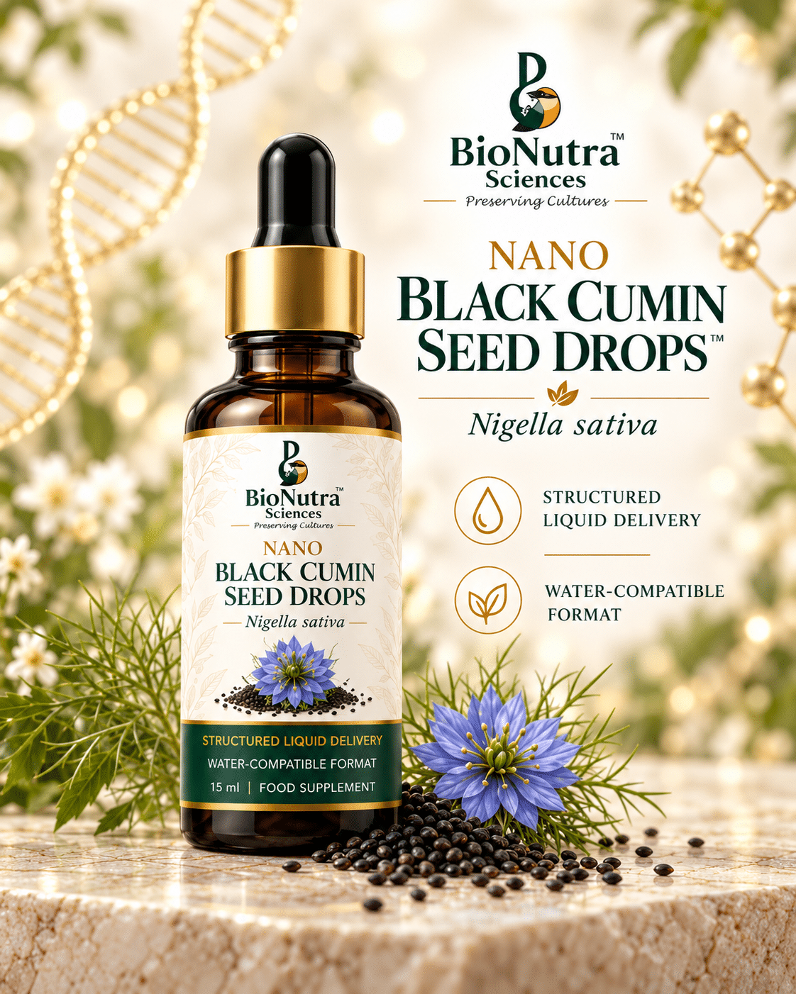 BioNutra Sciences Nano Black Cumin Seed Drops with Nigella sativa flower, black cumin seeds and amber dropper bottle