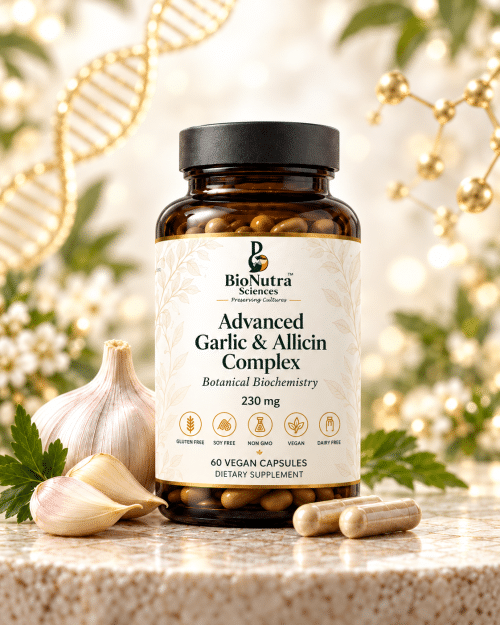 BioNutra Sciences Advanced Garlic & Allicin Complex botanical supplement with garlic cloves and amber glass bottle